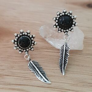 Silver and Black Feather Drop Earrings
